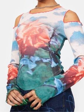 Cold-Shoulder Floral Print Long Sleeve Top - Multi